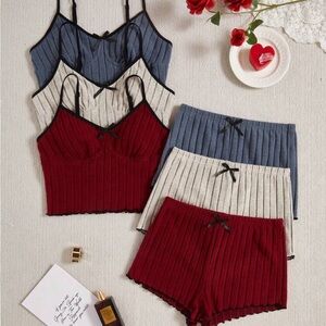 Women's 3 Pack Ribbed Pajamas Lettuce Trim Sleeveless Cami Crop Top and Shorts